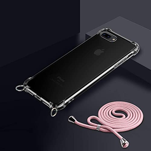 Funda con Cuerda para iPhone 7 Plus / 8 Plus, Carcasa Transparente TPU Suave Silicona Case con Correa Colgante Ajustable Collar Correa de Cuello Cadena Cordón para iPhone 7 Plus / 8 Plus - Oro rosa