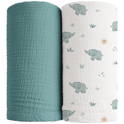 Image of Konssy 2 Pack Muslin Swaddle Blankets, 100% Cotton Receiving Blanket Large 47 x 47 inches for Baby Boys Girls, Soft Breathable Muslin Baby Blanket for Newborn (Elephant,Teal)