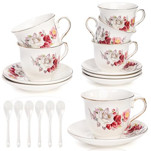 WRINGKIT 18 Pack Tea Cups and Saucers, Floral Tea Cups Set of 6, Porcelain Tea Set with Gold Trim, 8 Oz Coffee Cups with Spoon, Tea Sets for Double Espresso, Latte, Cafe Mocha
