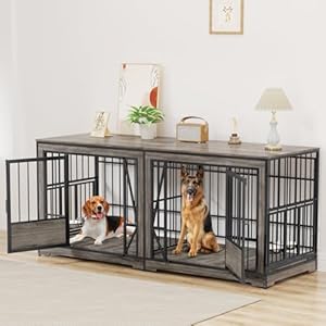 87” Double Dog Crate Furniture for 2 Dogs, Extra Large Dog Cage with Adjustable Divider, Heavy Duty Dog Kennel Indoor with 4 Bowls, XXL Dog Crate Wooden TV Stand End Table for Large Breed, Grey