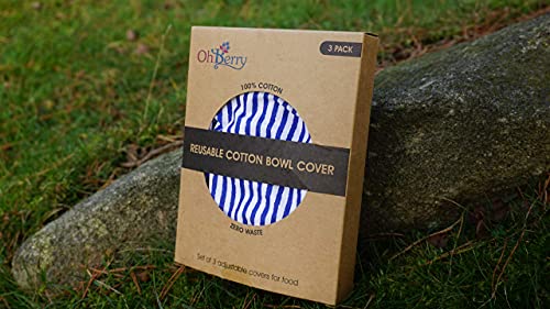 Organic Reusable Bowl Covers – Elastic Bowl Cover Set Of 3 Lids Sizes - Blue Stripes 100% Cotton - Great Gift Fabric Food Covers - Kitchen Essential Gift For Women - Stretched Food Covers #TOP4