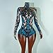 Tyian Rhinestone Fashion Hands Printed Long Sleeve Bodysuit Performance Singer Pole Dancing Club Birthday Show Stage Costume (blue)