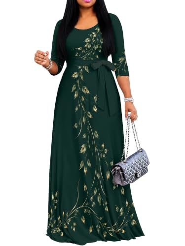 Image of Maxi Dress for Women with Sleeves, Empire Waist Dress | A-line shape, self-tie belt, side pockets and pull-on design; stretch fabric for church, work and casual wear