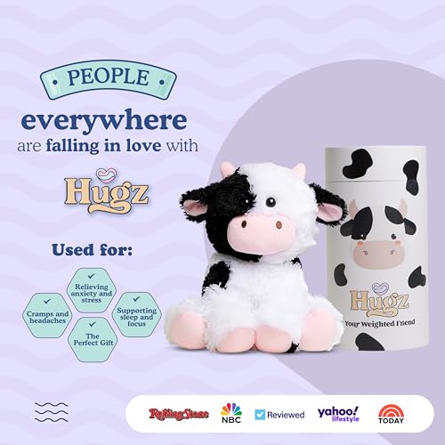 Image of Hugz Official Milkshake the Cow - Premium Weighted Stuffed Animal Plushie 3.8 lb for Adults & Kids - Microwavable - Heatable & Coolable - Super Soft Fur - Gift Ready Tube Packaging