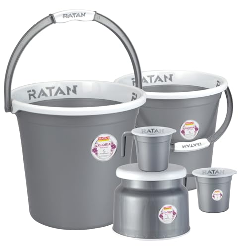 Image of RATAN PLASTICWARE Plastic Bathroom Set of 5 Pieces Combo Pack Gloria Plain, NIR Silver, 18 Liters & 20 Liters Bucket + Nova Stool Patla 107 + Two Gloria Plain Bath Mug 1 Liter