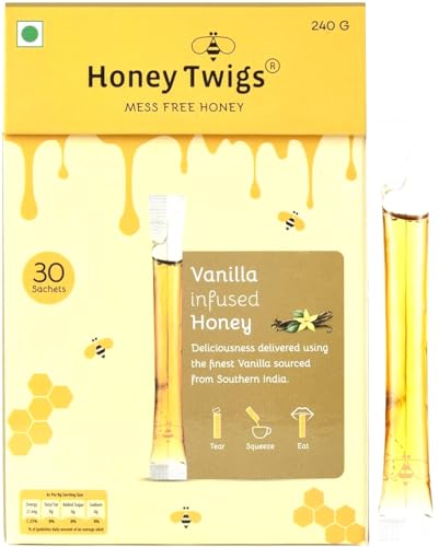 Honey Twigs Vanilla Infused Honey Sticks - 30 Count Single Serve Natural Honey Straws - 8.47 oz per pack (8g per stick) | 100% Pure, Pocket-friendly Travel Pack