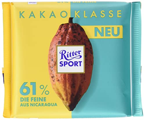 Ritter Sport Kakao-Klasse: Die Feine 61 % aus Nicaragua (12 x 100 g), Edel-Bitterschokolade mit 100 % zertifiziertem Kakao aus Nicaragua, besondere Schokolade, Kakaogehalt: mind. 61 %