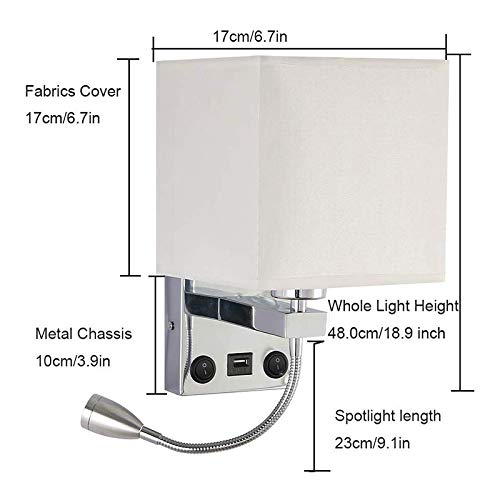 Aplique de pared LED para cabecera de dormitorio con interruptor y puerto USB 3