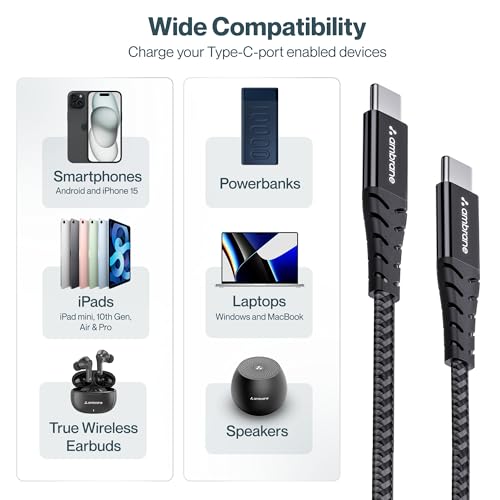 Ambrane 100W Fast Charging Cable Compatible with iPhone 15, Samsung, OnePlus, Google Pixel, Laptop, Macbook, 480mbps Data Sync, Braided Cable, 1.5m Length (ABCC-100), Black