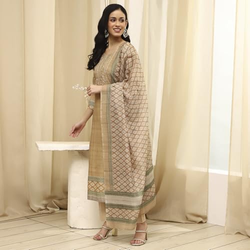 Image of BIBA Women Beige Cotton Machine Embroidered Unstitched Suit Set