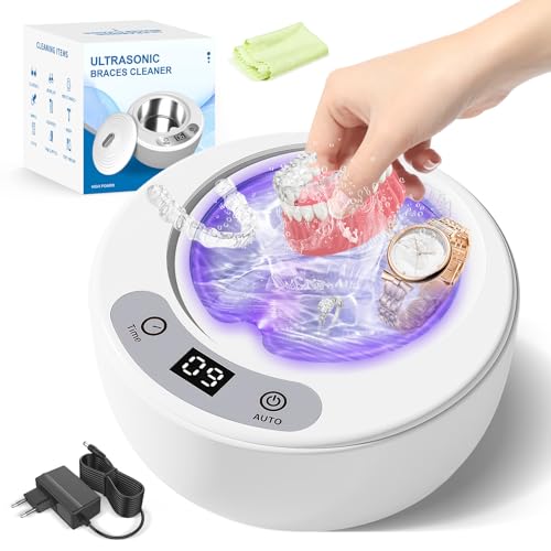Focenat Limpiador Ultrasonidos 49000Hz con Lampara UV, 5 Modos Ultrasonidos Limpieza, Limpieza Dental Ultrasonidos, Ultrasonic Cleaner Portatil para Dentaduras Ferula Dental Retainer Aligner Joyas