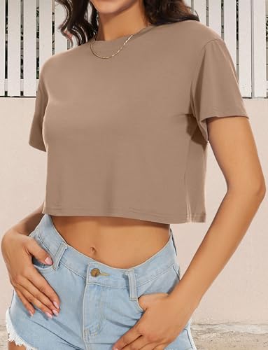 Image of Womens Summer Crop Tops Short Sleeve Round Neck T-Shirts Loose Fit Casual Blouse 2026