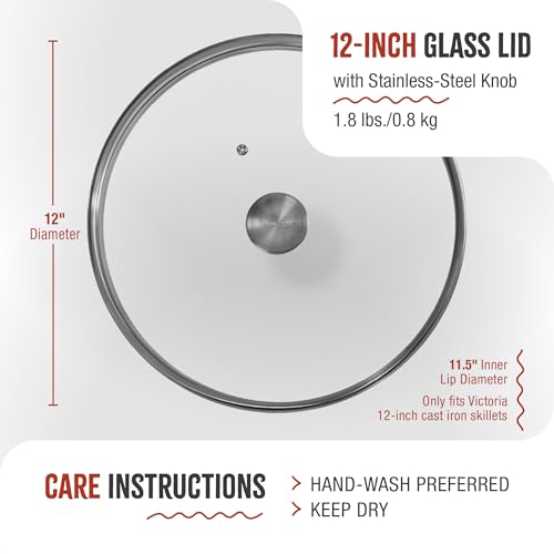 Image of 11.5-Inch Glass Lid for Victoria Round 12-Inch Cast Iron Skillet or Pan, Custom Made for Only Victoria Brand, Internal Diameter 11.5-Inch, External Diameter 12 Inch