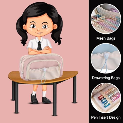 Image of Mrsdry Pencil Pouch for Girls - Multiple Compartment Zipper Pouch with Drawstring Pocket, Aesthetic Kawaii Pencil Case, Cute Pouches, Return Gift for Kids (Pink)