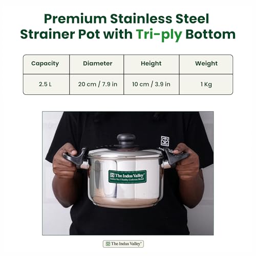 Image of The Indus Valley Stainless Steel 2.5ltr Strainer Pot /Rice Pot for Noodles, Pasta, Corn, SOYA, Vegetables & Rice | Induction & Gas Friendly | 3-Layer Thick Bottom