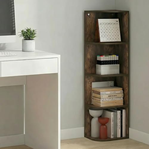 Image of Furinno PASIR Book Shelf, 4-Tier Corner Bookshelf with Open Shelf, Standing Bookcase, 9.3 x 12 x 41.4, for Organization and Storage, for Living Room, Bedroom, Home Office, Amber Pine