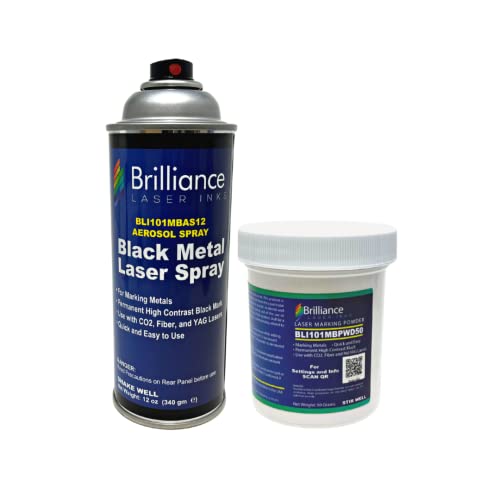 Brilliance Laser Inks 12 Oz Aerosol Laser Marking Spray and 50g Powder with Foam Brush, Black | Bundle of 2 Permanent High Contrast Metal Marking | Marks on Stainless Steel by Fiber, YAG, CO2 Laser