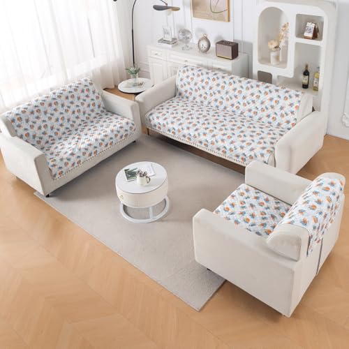 Image of HOKIPO Abstract Petals Quilted Sofa Cover 6 Seater with Tassels Set - Washable 3+2+1 Sofa Panel for Seat & Back | 'Tassel Twigs' Series (IN-991-T10+ IN-990-T10 + IN-989-T10)