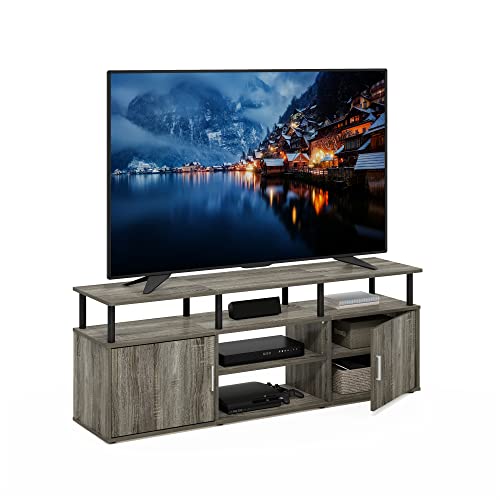 Image of Furinno Jensen Entertainment Center Stand for TV up to 70 Inch, Plastic Pole, French Oak Grey /Black /Black