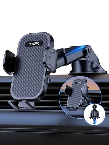 TOPK - Soporte para teléfono de coche, ventosa y gancho de grado militar, soporte de teléfono para salpicadero/parabrisas/rejilla de ventilación para automóviles universales giratorio de 360° con