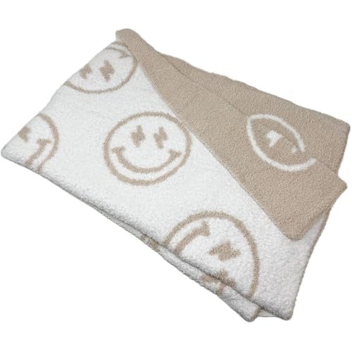 Image of L+L USA Smiley Face with Lightning Bolt Eyes Baby Blanket 28 inchx40 inch - DreamSoft Throw for Crib, Stroller or Car Seat Blanket /Newborn Nursery Gift for Toddler, Infant, Kids, Boys & Girls (Tan /White)