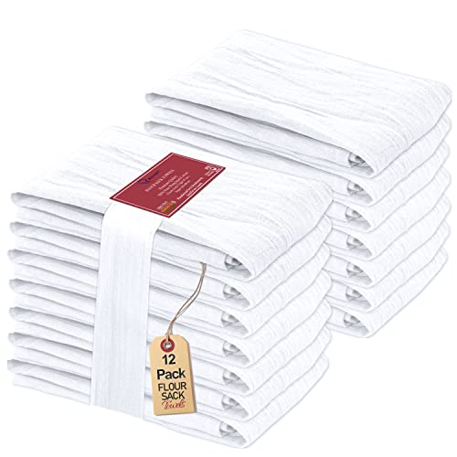 Ruvanti Flour Sack Towels 12 Pack 28 X 28 Inches, Ring Spun 100% Cotton Flour Sack Dish Towels, Machine Washable, Absorbent Tea Towels - Flour Sack Kitchen Towels For Drying And Cleaning - White #TOP9