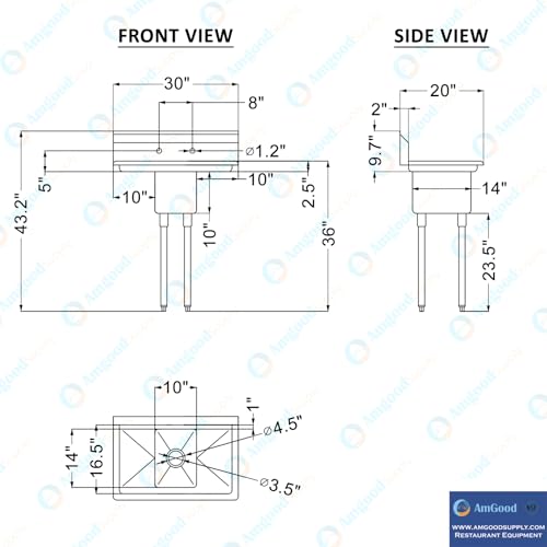 Image of AmGood Stainless Steel Prep & Utility Sink | 304 Stainless Steel | Restaurant, Kitchen, Laundry, Garage | NSF (Bowl Size: 10 inchx14 inchx10 inch + 10 inch 2 Drainboards)