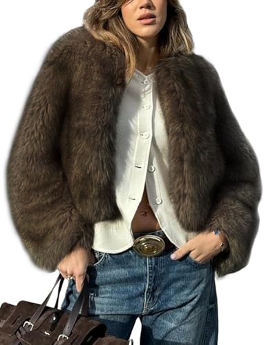 Wyeysyt Womens Faux Fur Cropped Coat Fluffy Faux Fur Jacket Long Sleeve Open Front Winter Warm Jacket(Brown-M)
