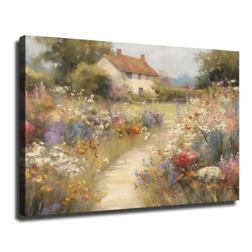 English Cottage Garden Wall Art, Wildflower Meadow Landscape Wall Art, French Country Floral Painting for Living Room (Framed,Wrapped Canvas,16 * 24inch)