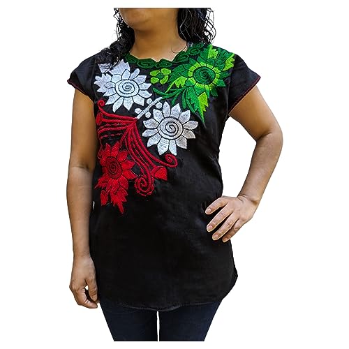 Blusa Bordada Artesanal Mexicana - Tricolor Fiestas Pátrias - Manta 100% Algodón - Hecha en Zinacantan Chiapas (L, Negro)