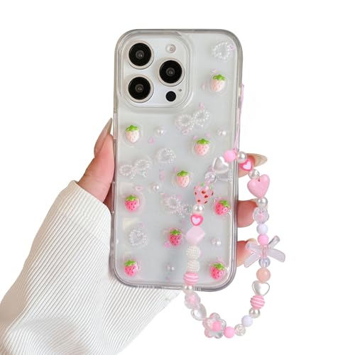 Coque iPhone 16 Pro antichoc transparente motif fraise 3D et perles esthétique