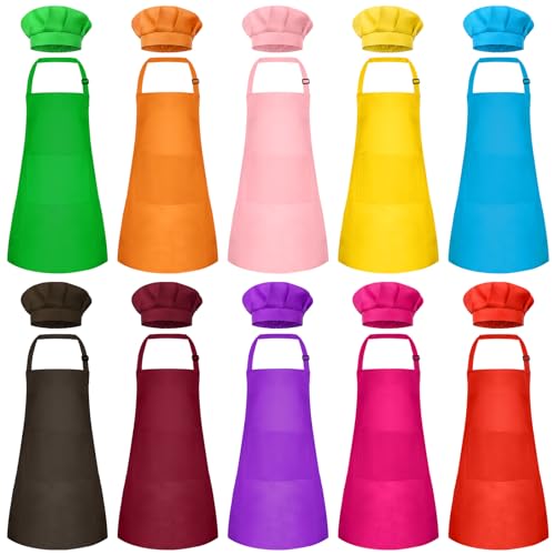 Bouiexye Kids Apron and Chef Hat Set Children Apron Adjustable with 2 Pockets Children Chef Painting for Cooking Baking