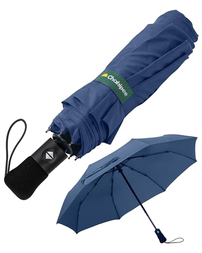 Chakipee Kompakter Reise Regenschirm Groß Sturmfest – Automatik Taschenschirm für Herren und Damen, Tragbarer 210T-Stoff 97 cm Spannweite 8 Rippen Schirm Dunkelblau