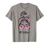 CNA Nurse Life Bleached Pink Leopard Messy Bun T-Shirt