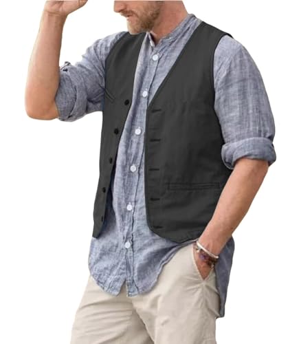 Men's Cotton Linen Suit Vest Regular Fit Vintage Dress Vest Summer Beach Wedding Casual Waistcoat for Party Groomsmen
