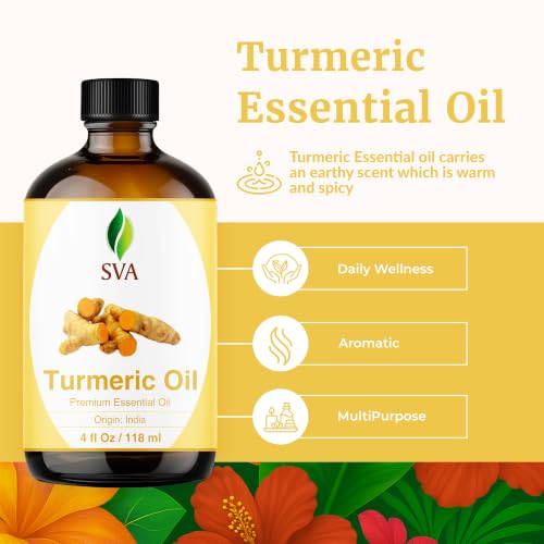 Image of SVA Turmeric Essential Oil 4 Fl Oz - for Diffuser, Skin & Hair Care - Ideal for Massage & DIY Blends - with Dropper