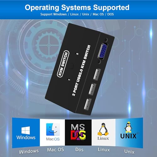 Image of USB VGA KVM Switch for 2 PC Sharing 1 Video Monitor and 3 US-B Devices, Keyboard Mouse Scanner Printer, for Laptop PC Windows MaK OS System (2 PORT VGA USB KVM Switch Selector)