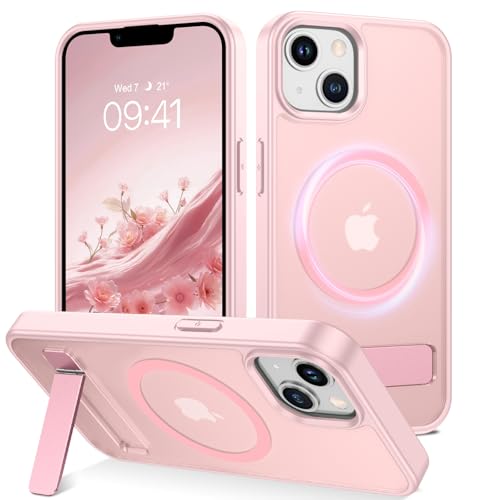 Coque iPhone 13 et 14 rose translucide avec support invisible compatible MagSafe