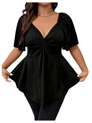 OYOANGLE Women's Plus Size Twist Front Short Sleeve Sweetheart Neck Asymmetrical Hem Blouses Solid Peplum Tops3