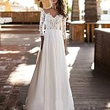 Ryanbem Brautkleid Standesamt Lang Weiß Langarm Schulterfrei V-Ausschnitt A Linie Elegant Tüll Spitze Applikationen Große Größen Brautkleider Hochzeitskleider mit Schleppe White 46