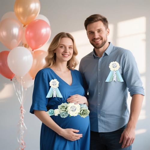 Image of Dusty Blue Sage Green Baby Shower Maternity Sash Kit, Greenery Gender Reveal Belly Belt and Mom to Be Dad to Be Corsage Pins, New Parents Pregnancy Announcement Photo Props Party Supplies