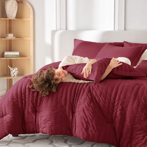 Image of MUXHOMO 7 Pieces King Comforter Set, Seersucker Bed in a Bag King Size, All Season Luxury Bedding Set with Comforter, Flat Sheet, Fitted Sheet, Pillowcases & Shams, Burgundy