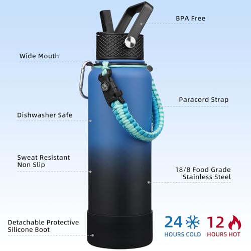 Image of BJPKPK 40oz Insulated Water Bottle with 3 Lids, Straw Lid & Handle