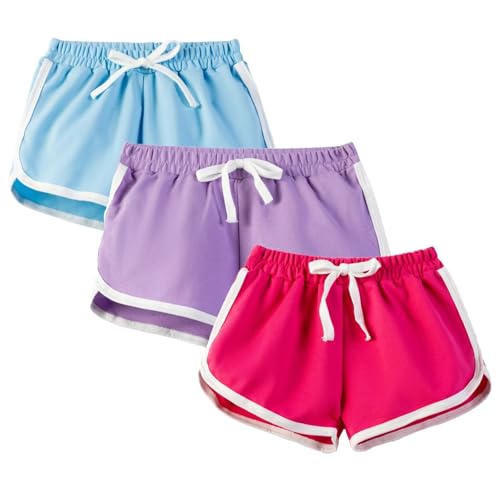 Gavena 3 Pack Girl Shorts Kids School PE Shorts Sport Athletic Summer Cotton Short Pants Dolphin Shorts for Little Kids(4-5 Years,Blue Pink Purple)