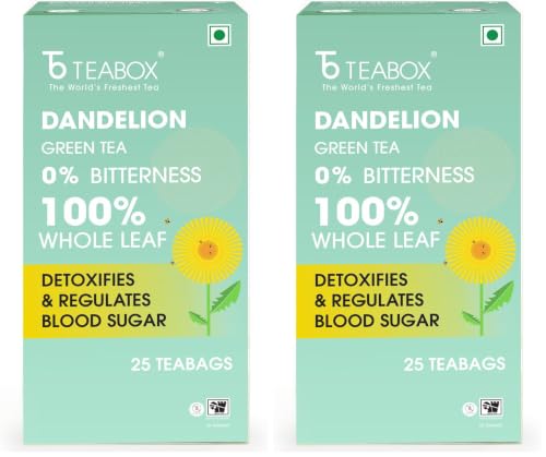 Image of Teabox Premium Green Tea With Dandelion Roots | Whole Leaf & 0% Bitterness | Green Tea From The Himalayas | 25 Tea Bags (Low Caffeine) (Pack of 2)