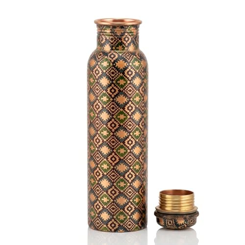 Image of VIRGIN Foodgrade 99.9% Pure Copper Water Bottle- Leakproof, Joint Free, No Lead, BPA-Free - Ayurvedic Health Benefits- Made in India - Traditional Boho Print (950 mL)