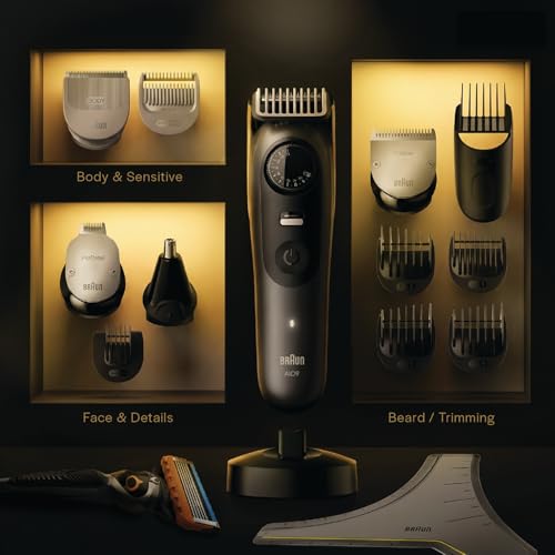 Image of Gillette Series 9 All-in-One Beard & Body Trimmer for Man (by Braun) with Fusion Proglide Razor | ProBlade Technology | 40 length settings with Metal Body | 15-In-1 Pro Kit - Face, Body, Head & Private Parts | 180 Min Runtime | 5 Min Quick Charge | 100% Waterproof with charging stand | Sensitive Body attachment for intimate grooming