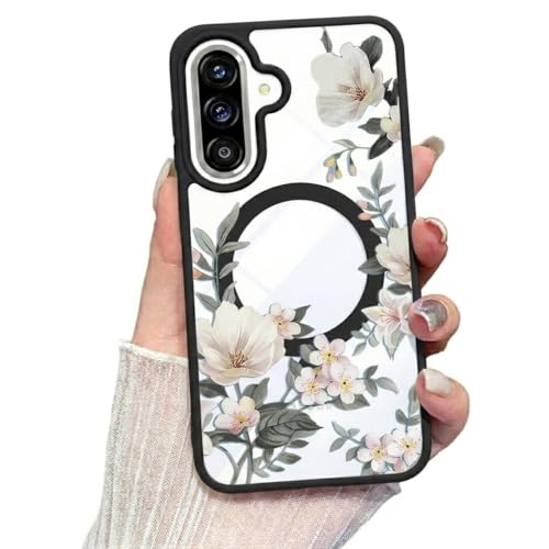Image of VONZEE Compatible with Samsung Galaxy A37 5G Case Luxury Retro Flowers Floral Clear for Magnetic Wireless Charging Case Shockproof PC+TPU Cute Glossy Shiny Cover for Girls Women, Black