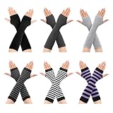 Meng Jiaran 6 Pairs Arm Warmers for Women, Y2k Striped Colorful Fingerless Gloves with Thumb Hole Long Sleeves Gloves for School Office Outdoor Accessories