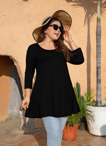 Womens Tunic Tops 3/4 Sleeve Plus Size Crew Neck Swing Flare Loose Fit T-Shirt Blouses to Wear with Leggings2